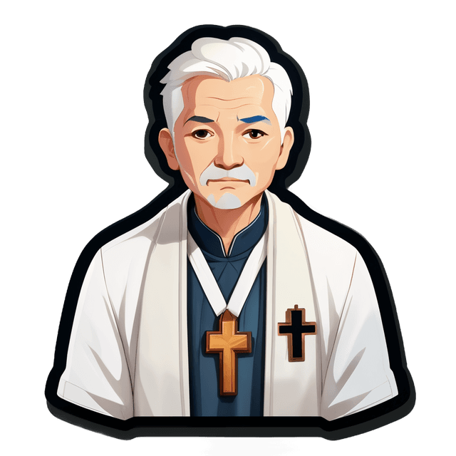 A male priest with an oriental face, white hair, slightly fat, with a wooden cross pendant on his chest